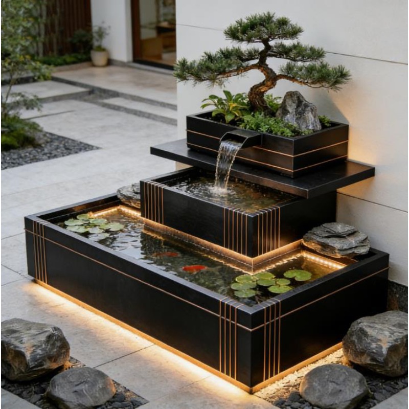 Bonsai Garden With Koi Pond - Stainless Steel Waterfall Feature - Luxury